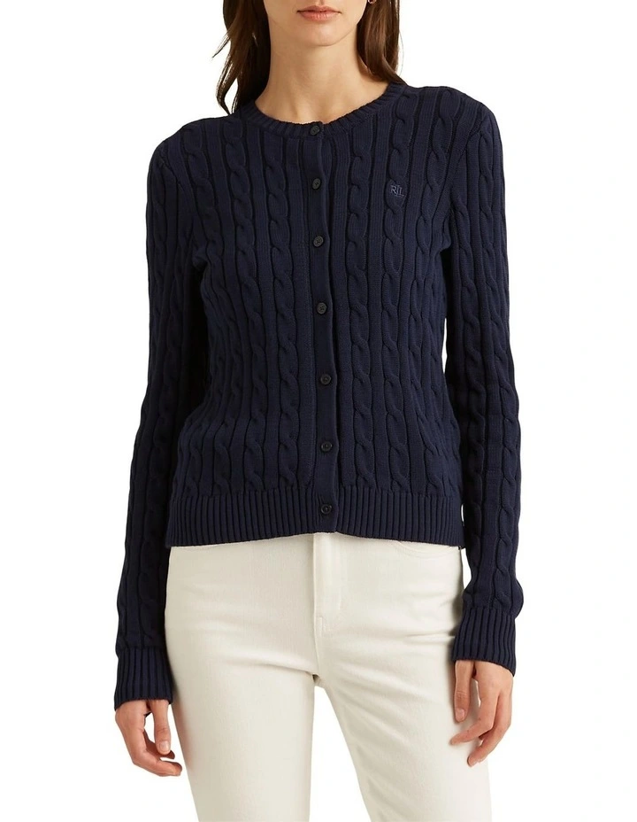 Cable-Knit Cotton Cardigan Sweater in Navy