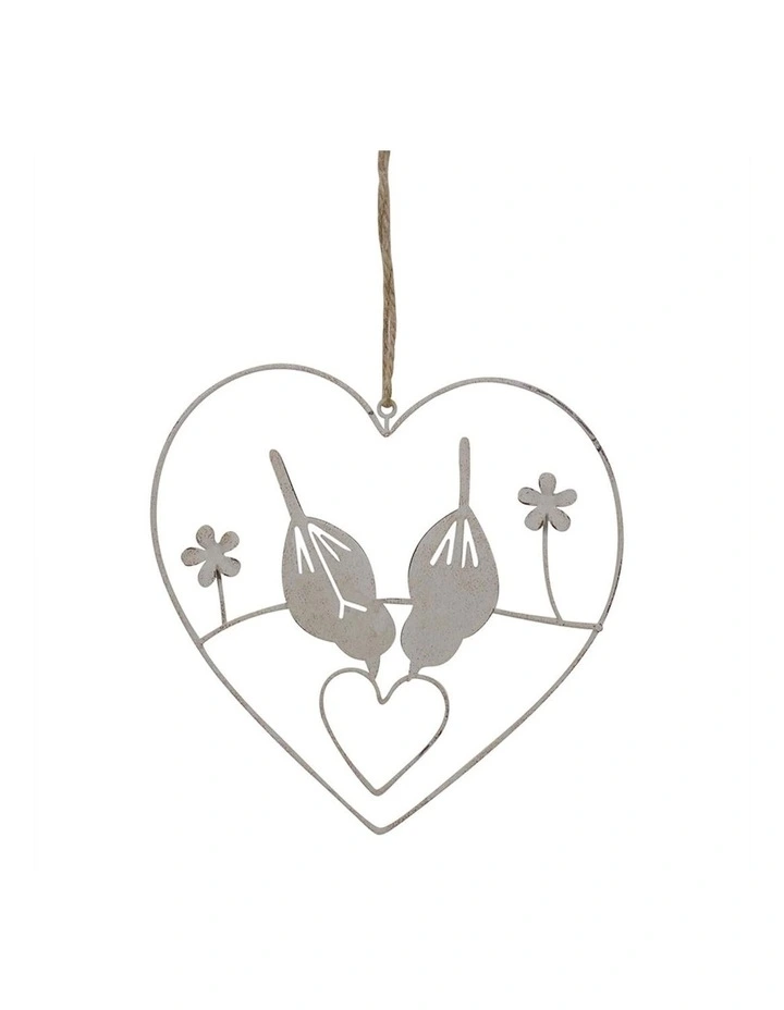 Hanging Lovebirds in Heart Ornament in Distressed White