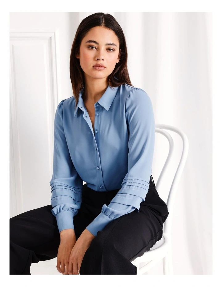 Pintuck Sleeve Shirt in Light Blue