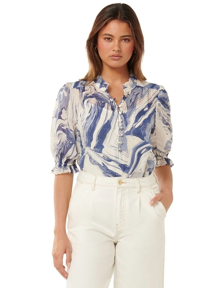 Rita Half Placket Ramie Blouse in Blue