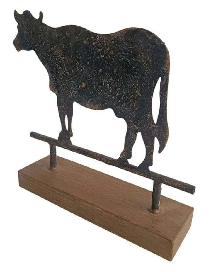 Metal Animal Cow Statue On Base Ornament in Burnt Metal