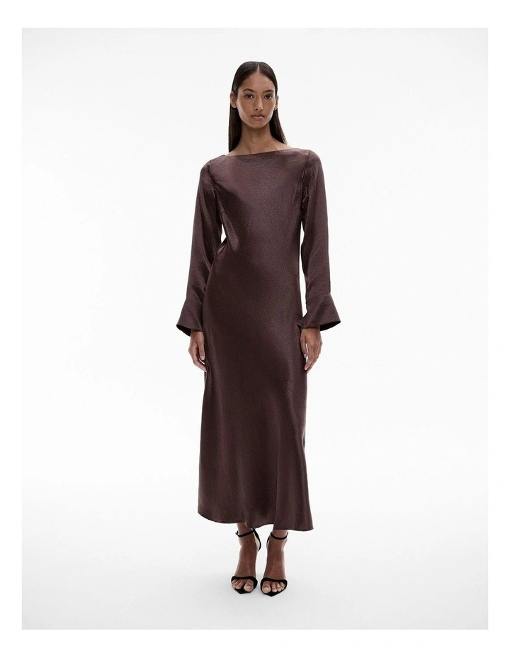 Acetate Long Sleeve Midi Dress in Raisin