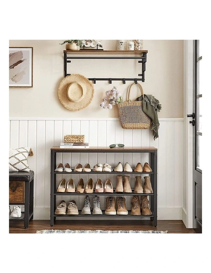 Industrial Style Shoe Rack with 3 Mesh Shelves in Rustic Brown/Black