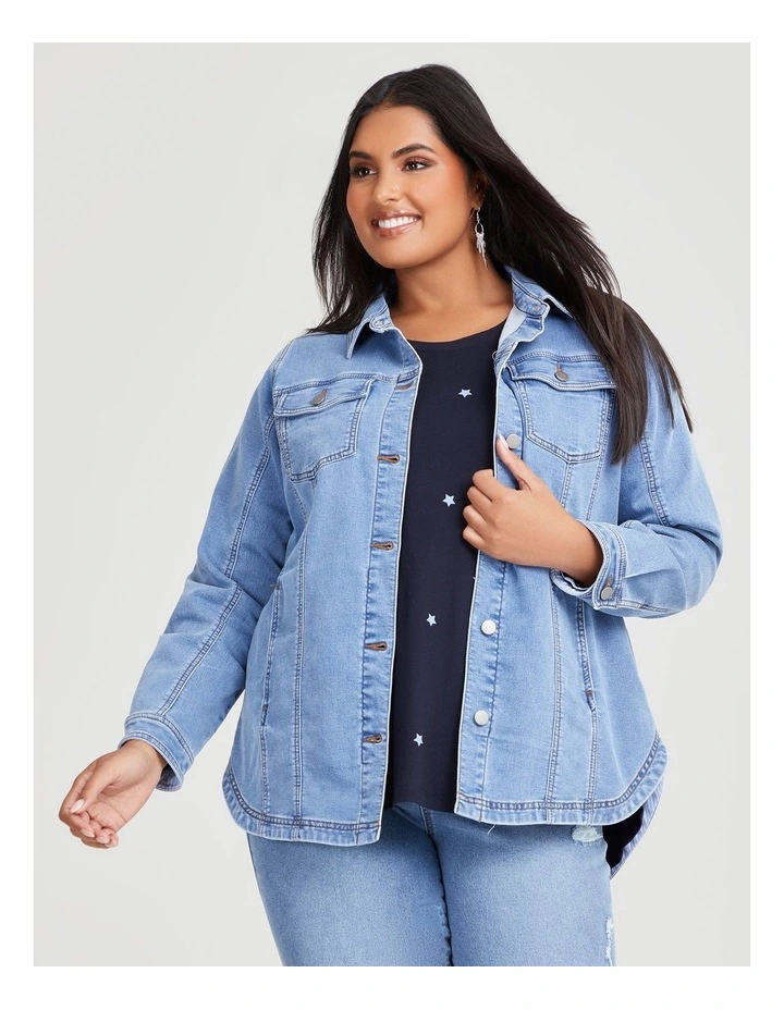 Cotton Curved Hem Denim Shacket in Mid Blue Denim