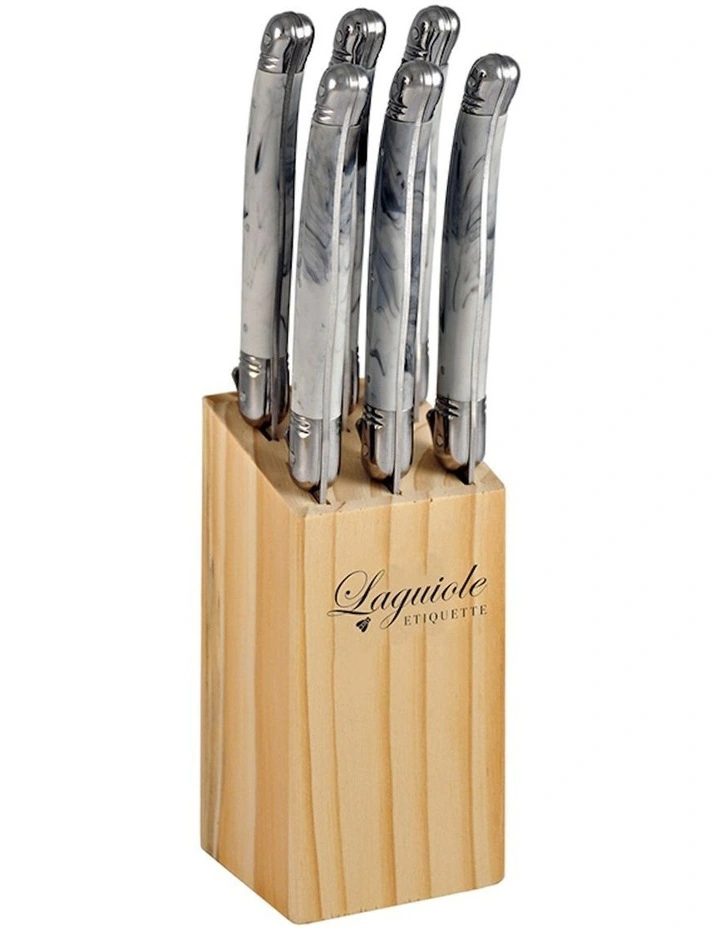 7 Piece Stainless Steel Steak Knife with Square Block in White