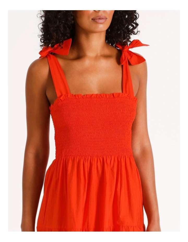 Maggie Smock Cotton Midi Dress in Cherry Tomato