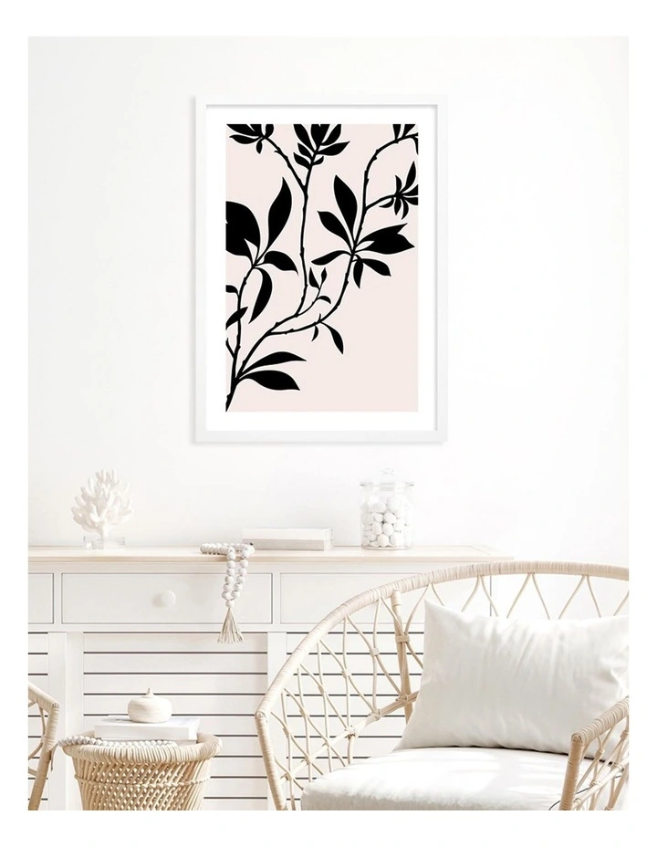 Australian Made Silhouette Branch Leaves Day Art Print A2 in White Frame