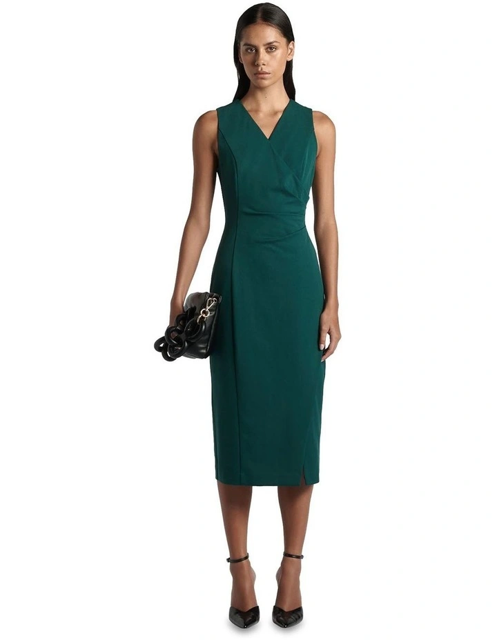 Eco Twill Faux Wrap Midi Dress in Forest