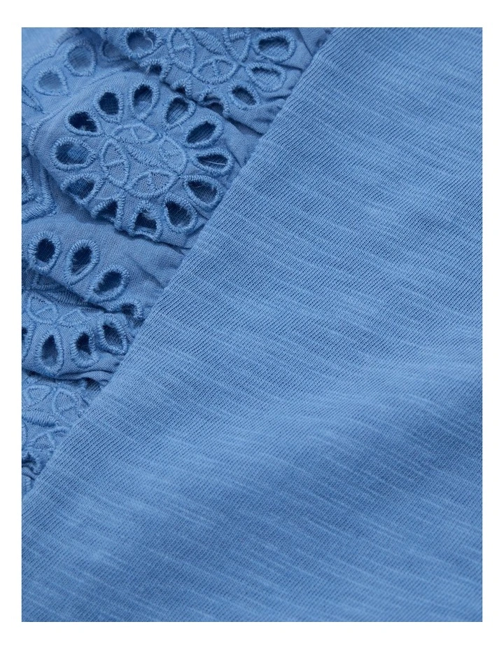 Organically Grown Cotton Broderie Frill T-shirt in French Blue