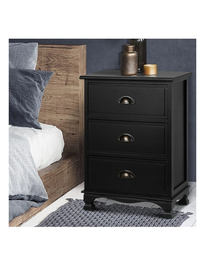 3 Drawers Vintage Thyme Bedside Table in Black