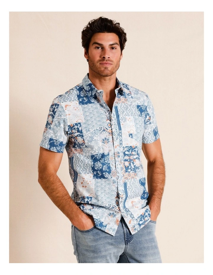 Paradise Patchwork Print Short Sleeve Shirt in White