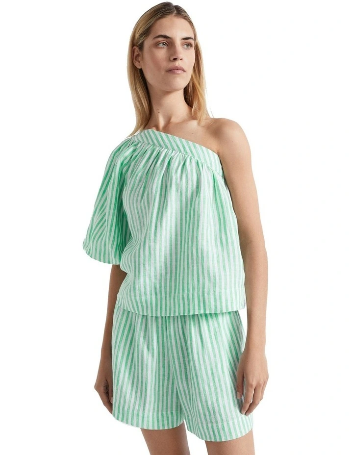 Linen One Shoulder Top in Key Lime Stripe
