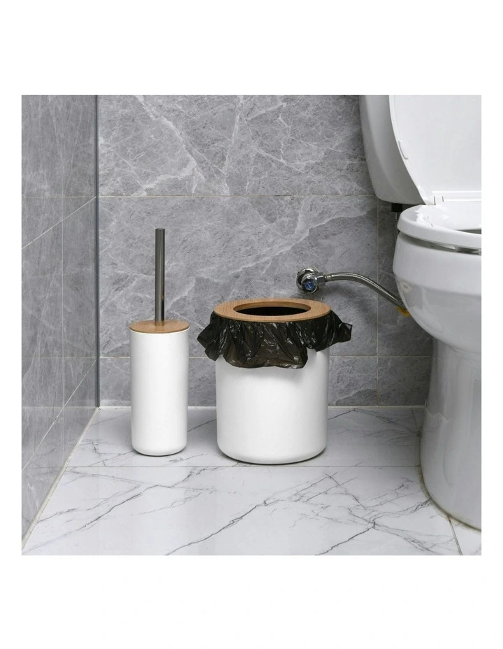 Takae Bamboo Toilet Brusher and Rubbish Bin Set 2 Piece in White