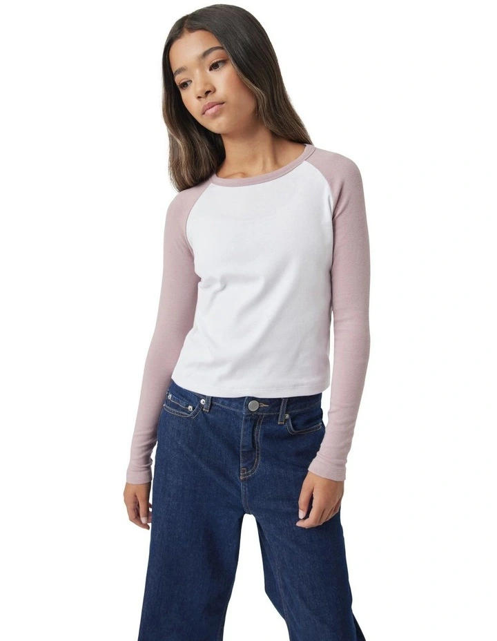 Long Sleeve Raglan Tee in White/Dark Orchid