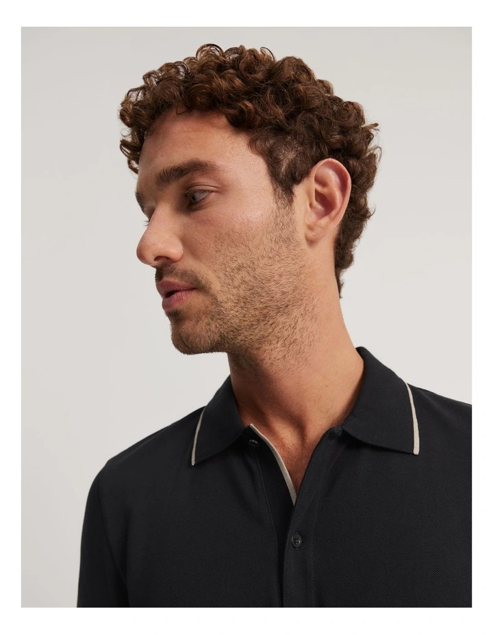 Slim Fit Stretch Pique Polo Shirt in Black