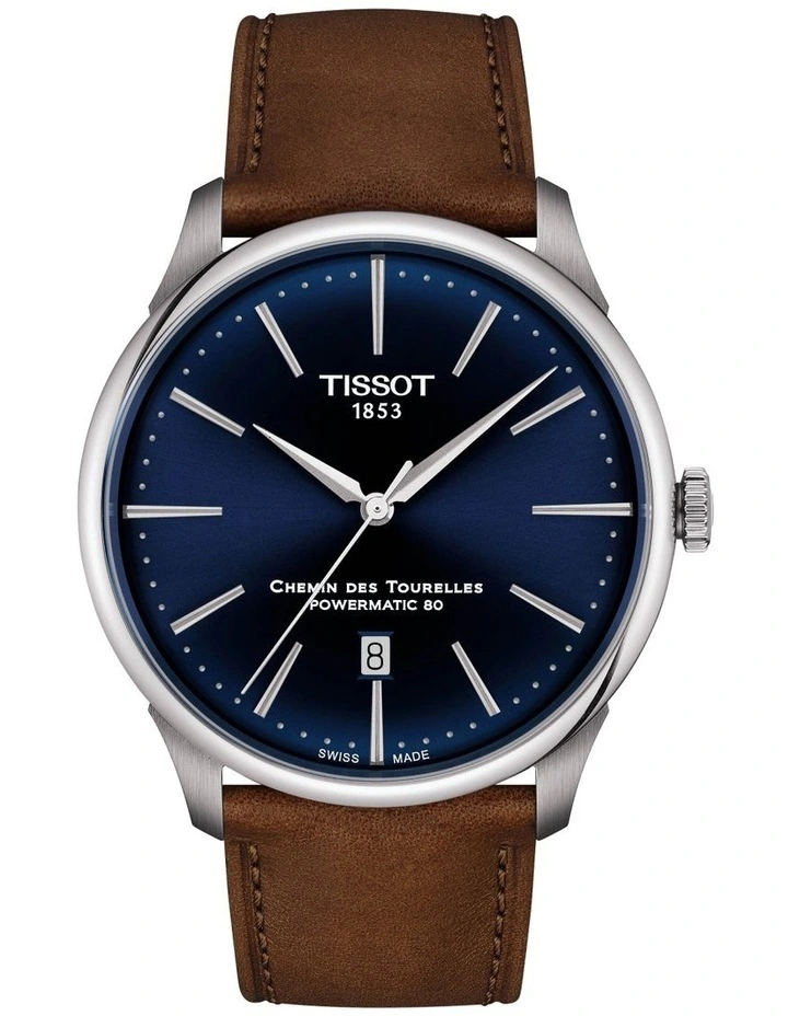 Chemin des Tourelles Powermatic 80 42mm T1394071604100 Watch in Blue/Brown Leather