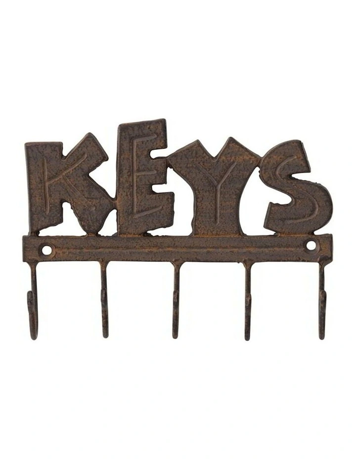 Cast Iron Wall 'Keys' Design Hanger 5 Hook in Brown