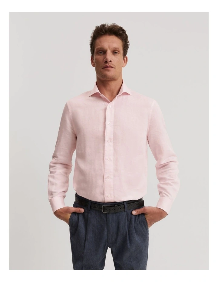 Tailored Fit Cotton Linen Shirt in Soft Pink