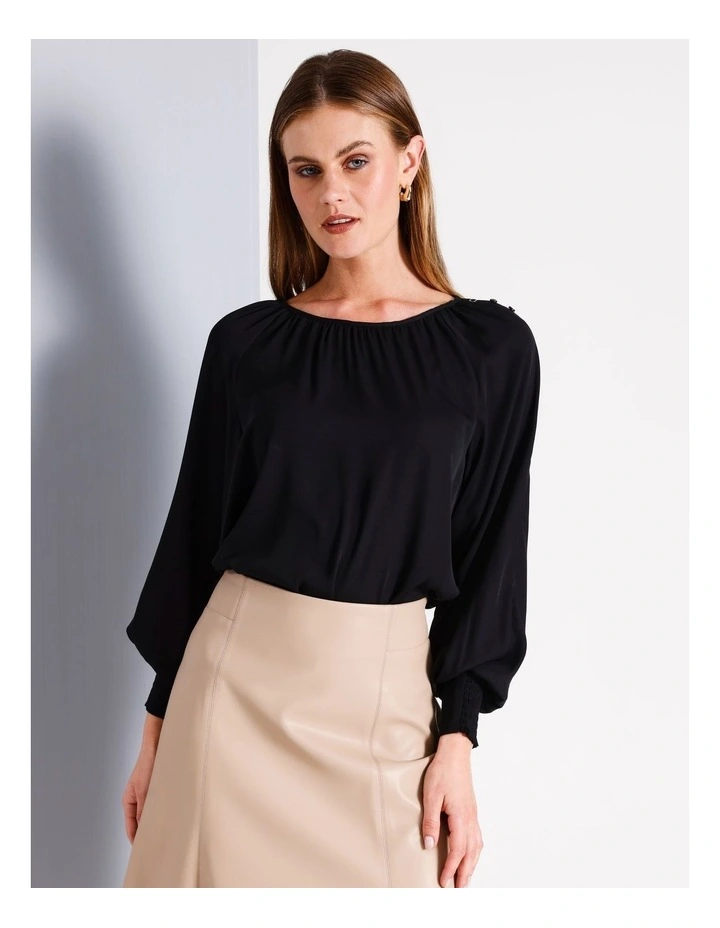 Recycled Poly Blend Gathered Neck Top in Black