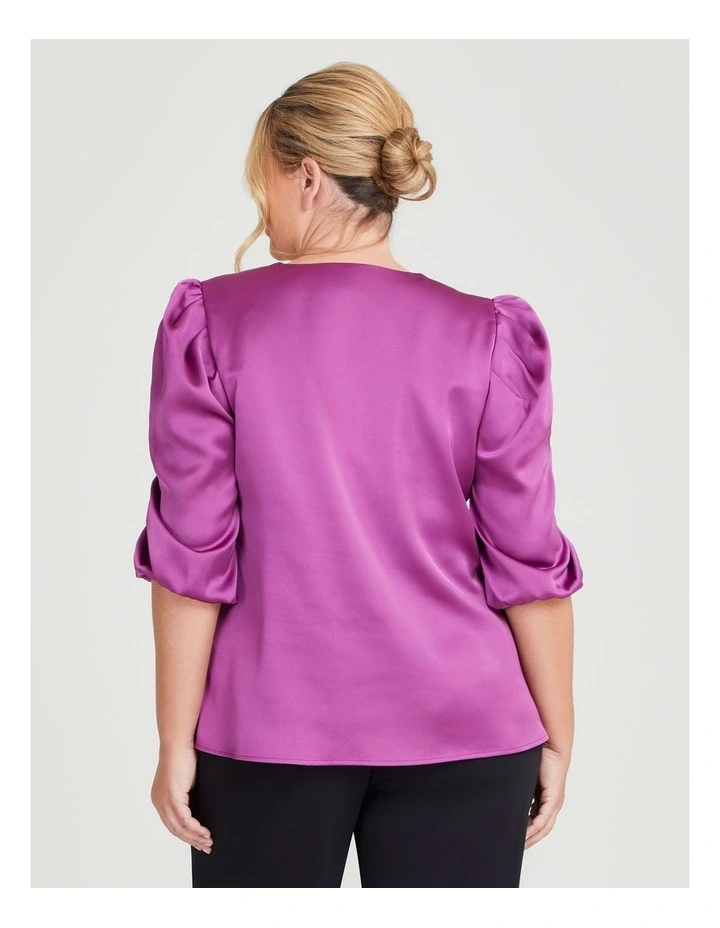 Satin Ruched Sleeve Top in Rose Pink