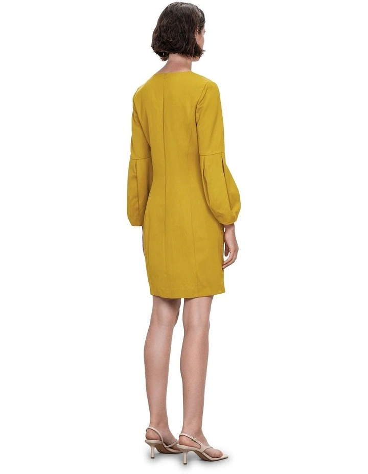 Satin Twill Fluted Sleeve Dress in Yellow