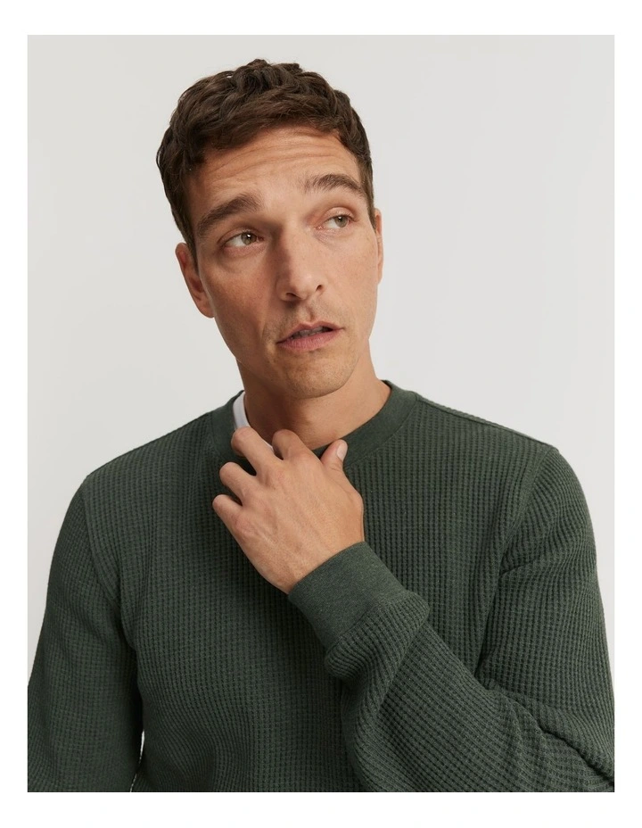 Australian Cotton Waffle Long Sleeve Crew Neck in Khaki Marle