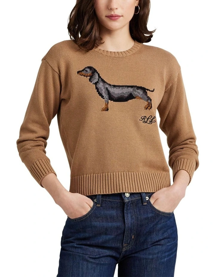 Intarsia-Knit Cotton-Blend Sweater in Beige