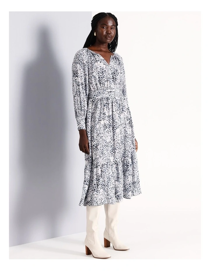 Gathered Neck Tiered Long Sleeve Midi Dress in Assorted