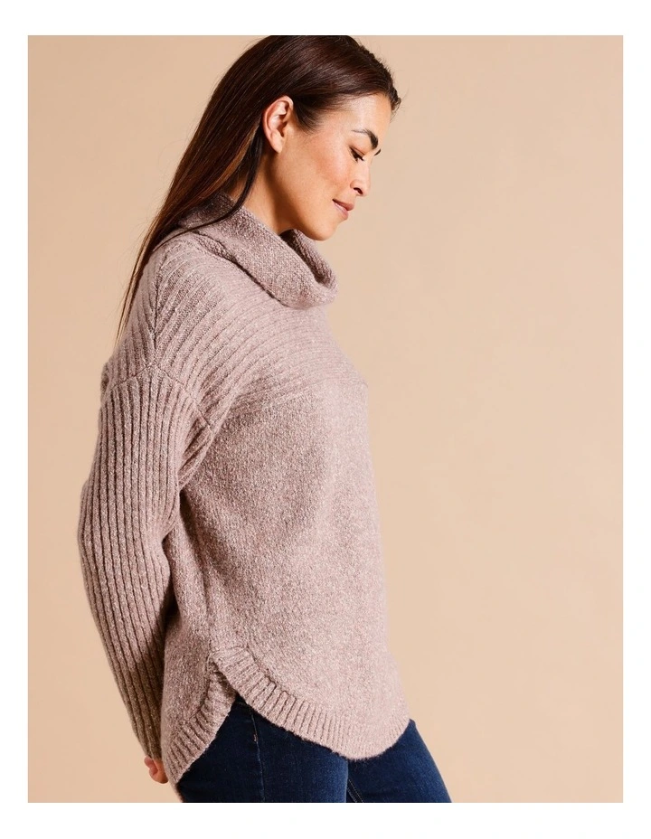 Recycled Polyester Blend Rib Yoke And Sleeve Cowl Neck Jumper In Pepperberry