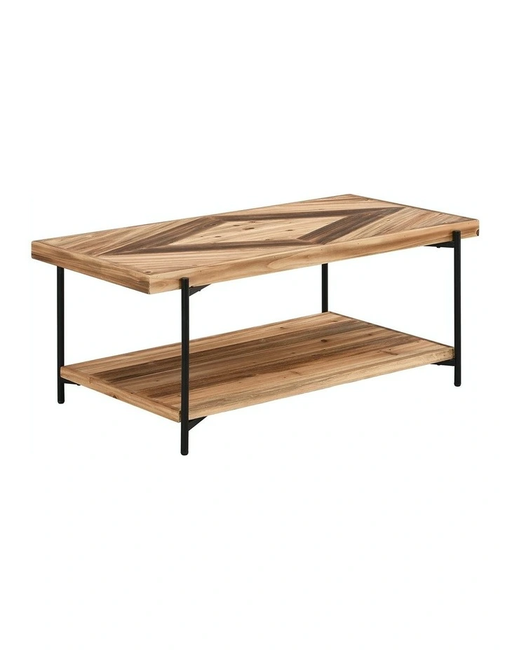 2-Tier Rectangle Metal & Fir Wood Coffee Table in Brown