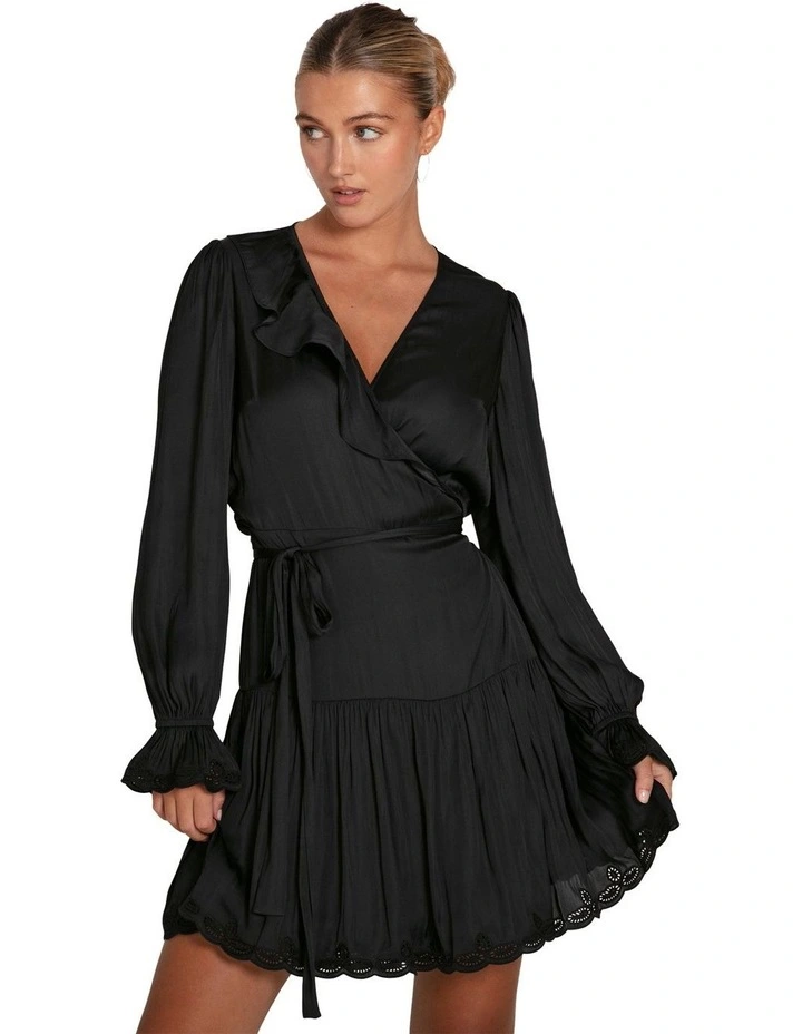Wild Flower Embroidered Wrap Dress in Black