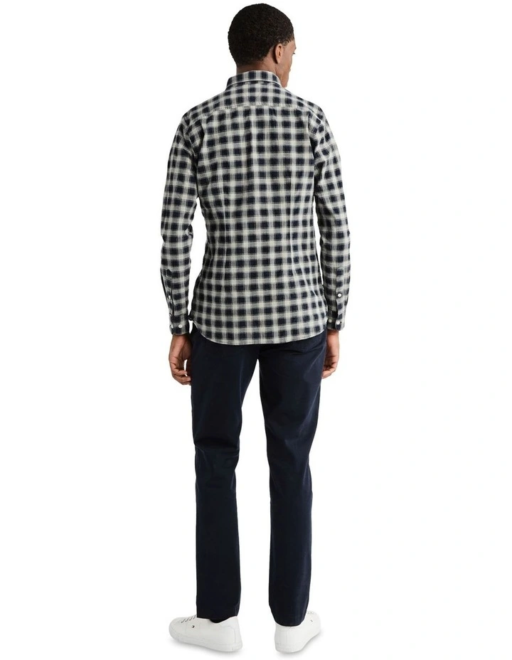 Flex Textured Grid Check Long Sleeve Shirt in Navy