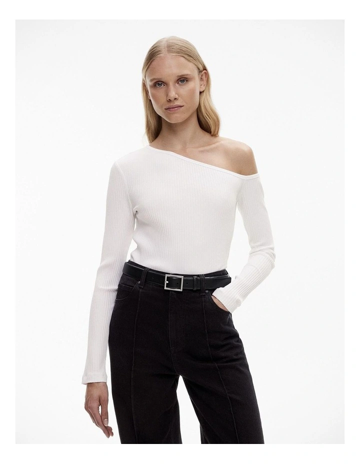 Cotton Blend Rib Asymmetric Top in Pure White