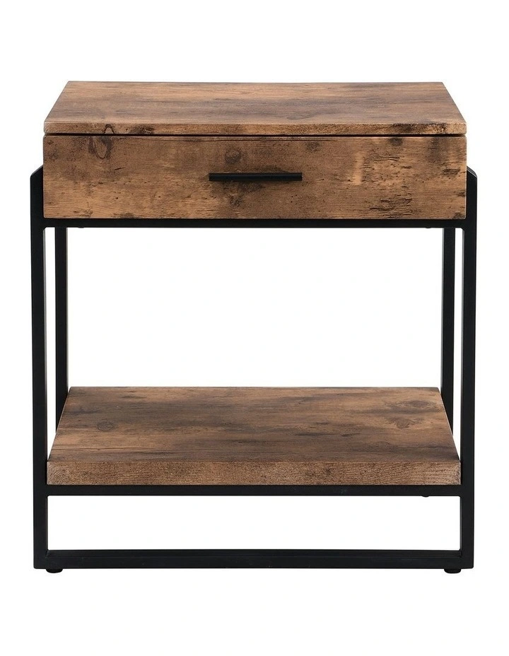 Industrial Wood and Metal Nightstand with Drawer in Rustic Dark Brown