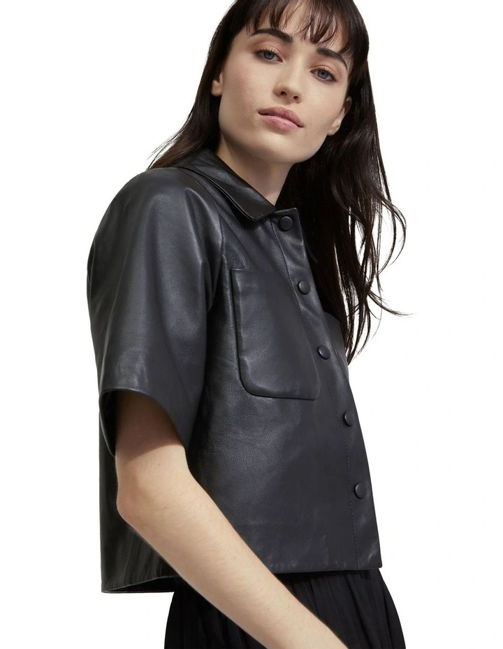 Lola Nappa Leather Short Sleeve Shirt in Black