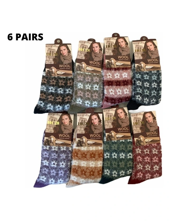 Thermal Angora Wool Socks 6 Pairs in Multi