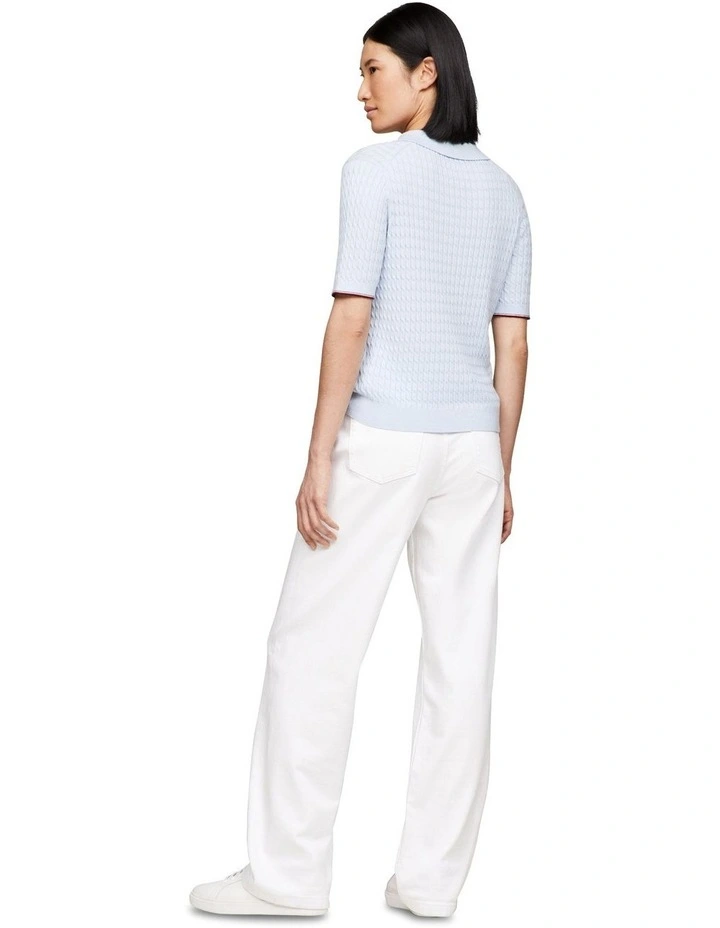 Cable Knit Slim Short Sleeve Polo Jumper in Blue