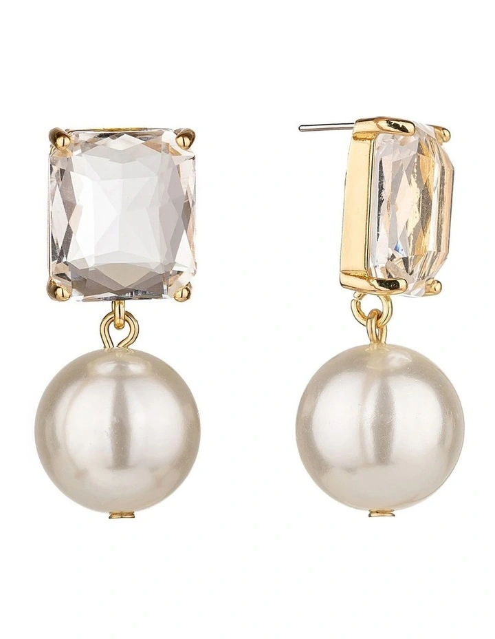 Emerald Cut Stone With Pearl Drop Earrings In Gold