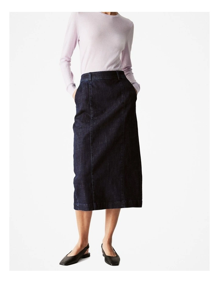 Denim Pintuck Skirt in Dark Indigo