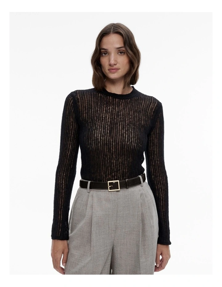 Stitch Detail Long Sleeve Knit Top in Black