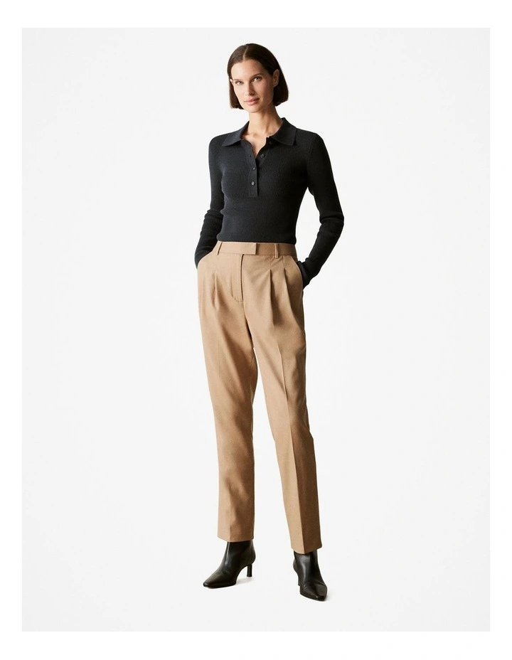 Wool Cotton Blend Rib Polo in Black