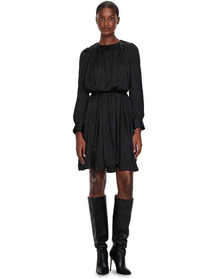 Soft Satin Short Blouson Dress in Black