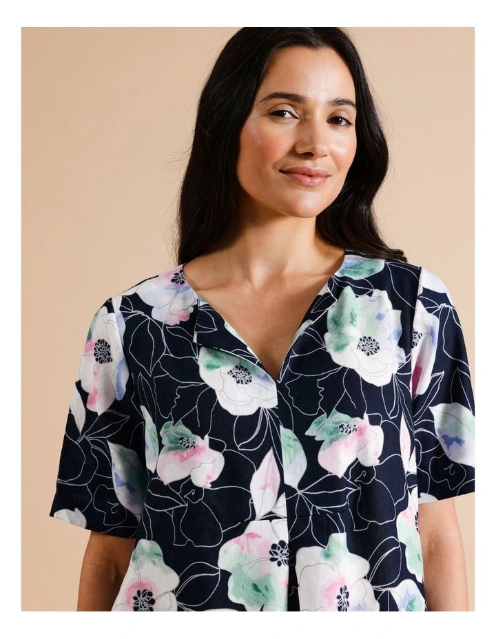 European Linen Blend Short Sleeve Pleat Front Dress in Navy Ground Floral