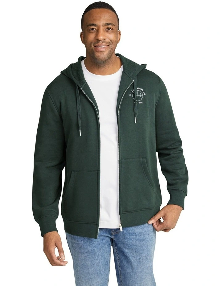 Print Zip Thru Hoodie in Dark Green