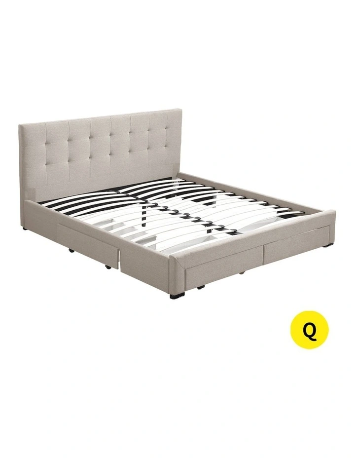 Tufted 4 Drawers Storage Wooden Mattress Fabric Queen Bed Frame in Beige