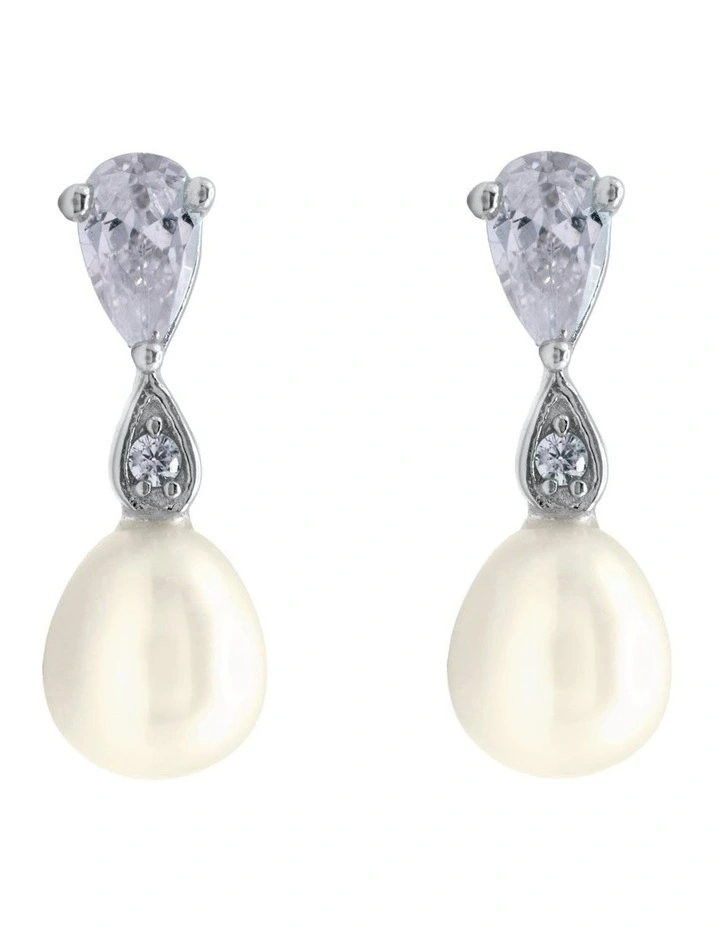 Dainty CZ & Pearl Drop Earring in Silver