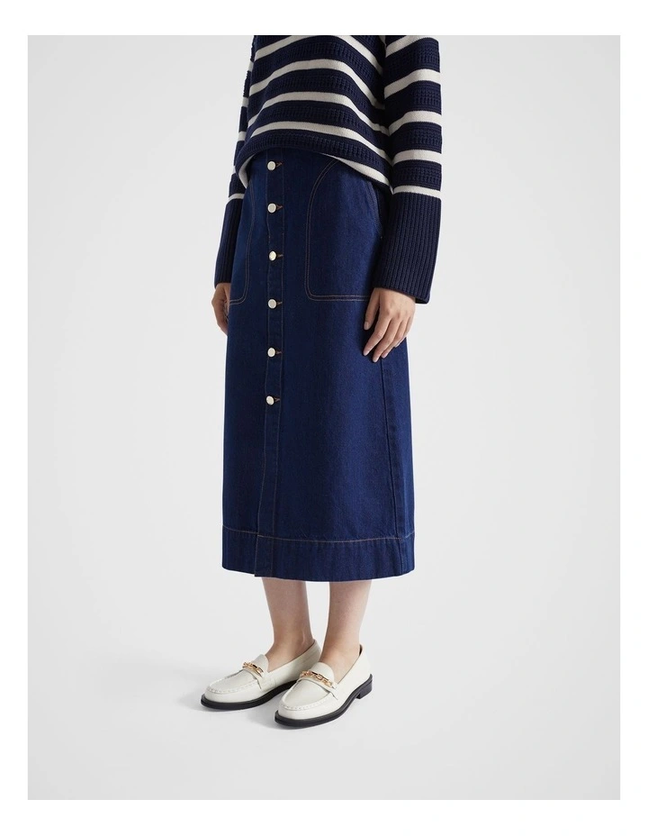 Denim Midi A Line Skirt in Neptune Wash