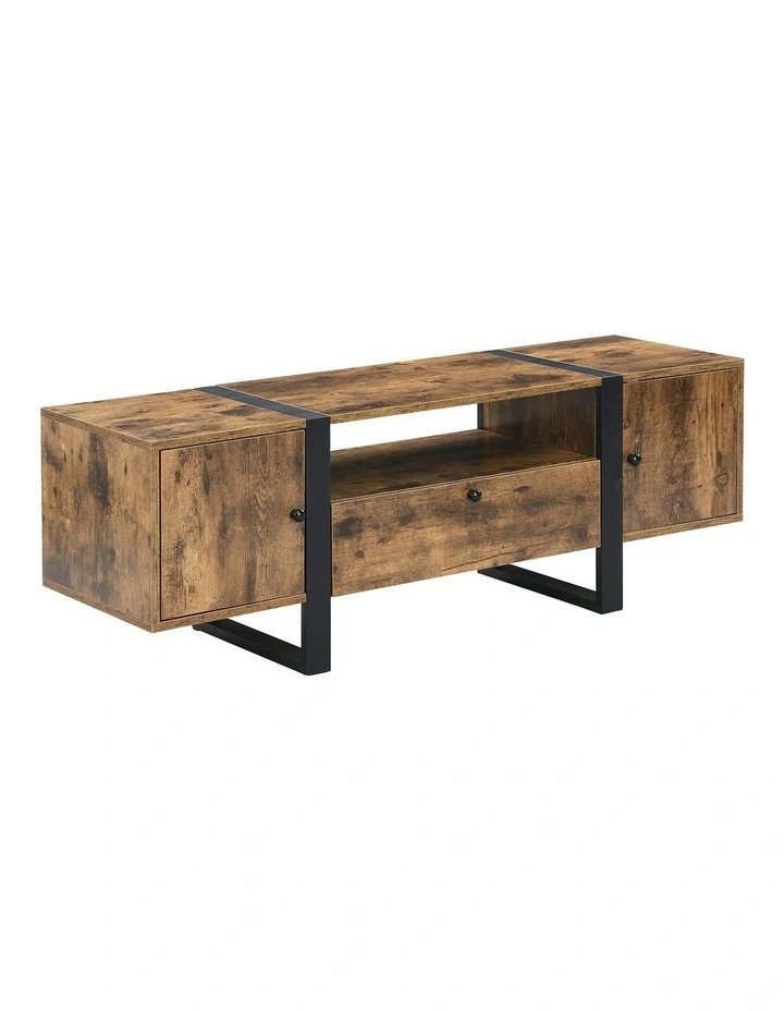 TV Cabinet with Cabinets and Open Shelf in Rustic Dark Brown