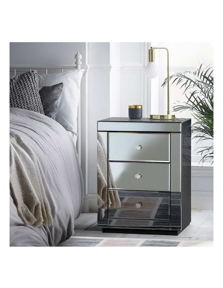 3 Drawers Mirrored Presia Bedside Table in Grey