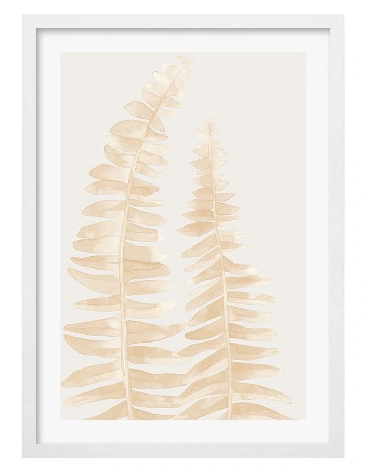 Australian Made Watercolour Fern Leaves Beige Art Print A2 in White Frame